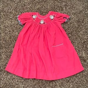 Shrimp and Grits Pink Velvet Owl Smocked Dress